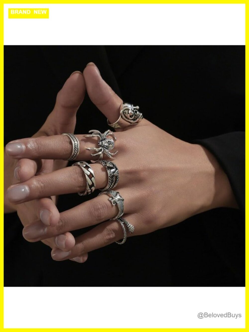 Gothic Punk Stackable Rings Set Silver Tone Adjustable - Picture 3 of 5